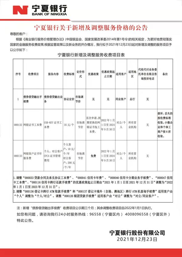 寧夏銀行關(guān)于新增及調(diào)整服務價格的公告